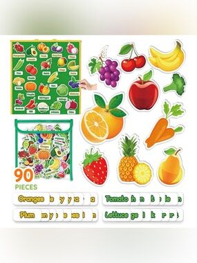 90 Vegetables & Fruit Pattern Felt Fabric Pieces with Felt Nameplate